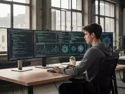 Ein Softwareentwickler arbeitet in einem modernen, hellen Büro an seinem Computer an KI-Anwendungen. - Foto: über boerse-global.de