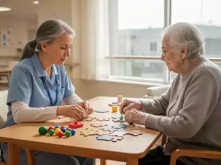 Eine Pflegekraft unterstĂŒtzt eine Ă€ltere Person bei einer therapeutischen AktivitĂ€t an einem hellen Tisch in einer Senioreneinrichtung. - Foto: ĂŒber boerse-global.de