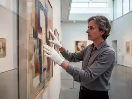 Eine Kuratorin in weißen Handschuhen betrachtet ein abstraktes Gemälde in einer hellen, minimalistischen Museumsgalerie. - Foto: über boerse-global.de