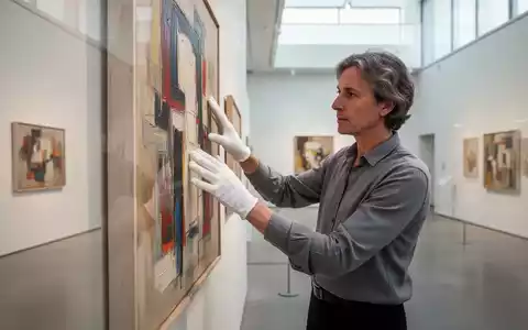 Eine Kuratorin in weißen Handschuhen betrachtet ein abstraktes Gemälde in einer hellen, minimalistischen Museumsgalerie. - Foto: über boerse-global.de