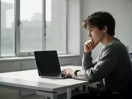 Ein junger Mensch sitzt nachdenklich vor einem leeren Laptop an einem modernen Schreibtisch. - Foto: über boerse-global.de