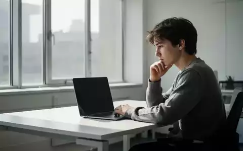 Ein junger Mensch sitzt nachdenklich vor einem leeren Laptop an einem modernen Schreibtisch. - Foto: über boerse-global.de