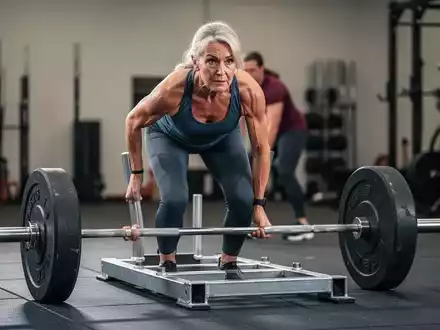 Eine sportliche Frau über 50 trainiert in einem Fitnessstudio an einem Schlitten für den Hyrox-Wettkampf. - Foto: über boerse-global.de