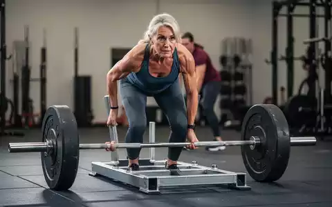 Eine sportliche Frau über 50 trainiert in einem Fitnessstudio an einem Schlitten für den Hyrox-Wettkampf. - Foto: über boerse-global.de