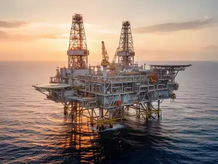 Eine moderne Offshore-Öl- und Gasplattform vor dem Hintergrund eines goldenen Sonnenuntergangs auf dem offenen Meer. - Foto: über boerse-global.de