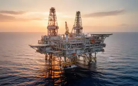 Eine moderne Offshore-Öl- und Gasplattform vor dem Hintergrund eines goldenen Sonnenuntergangs auf dem offenen Meer. - Foto: über boerse-global.de