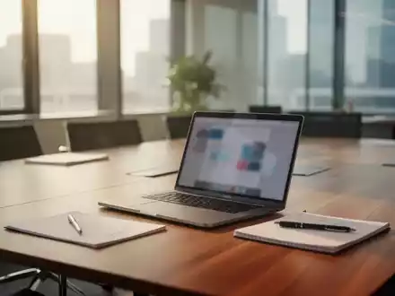 Ein moderner Konferenztisch in einem hellen Büro mit einem Laptop und Notizunterlagen. - Foto: über boerse-global.de