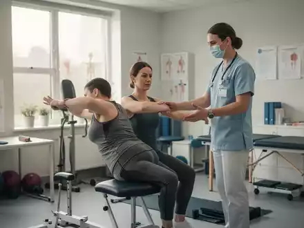 Ein Patient führt unter Anleitung eines Physiotherapeuten in einer modernen Praxis eine rehabilitative Übung aus. - Foto: über boerse-global.de