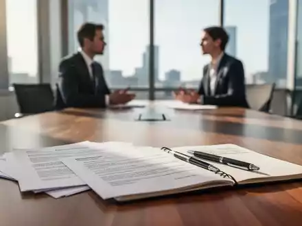 Zwei Personen in einem modernen Bürogebäude führen ein professionelles Gespräch über arbeitsrechtliche Unterlagen. - Foto: über boerse-global.de
