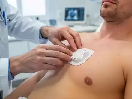 Medizinische Fachkraft bringt einen biometrischen Sensorpatch zur kardiologischen Überwachung an einem Patienten an. - Foto: über boerse-global.de
