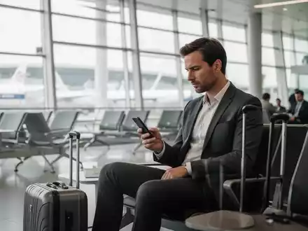 Ein Geschäftsreisender in einem modernen Flughafen-Terminal bei der Nutzung seines Smartphones. - Foto: über boerse-global.de