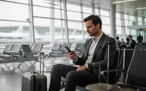 Ein Geschäftsreisender in einem modernen Flughafen-Terminal bei der Nutzung seines Smartphones. - Foto: über boerse-global.de