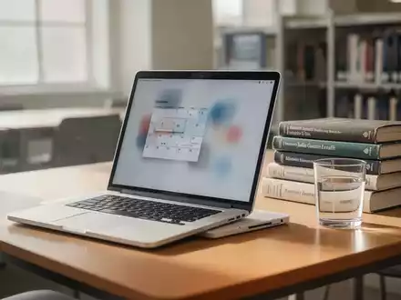 Ein sauberer Schreibtisch in einer Universitätsbibliothek mit einem Laptop, auf dem ein digitaler Studienplan zu sehen ist. - Foto: über boerse-global.de