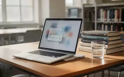 Ein sauberer Schreibtisch in einer Universitätsbibliothek mit einem Laptop, auf dem ein digitaler Studienplan zu sehen ist. - Foto: über boerse-global.de
