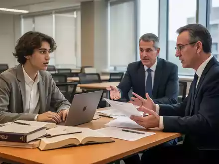Ein Jura-Student und ein Steuerberater besprechen gemeinsam in einem hellen Arbeitsraum steuerrechtliche Unterlagen. - Foto: über boerse-global.de