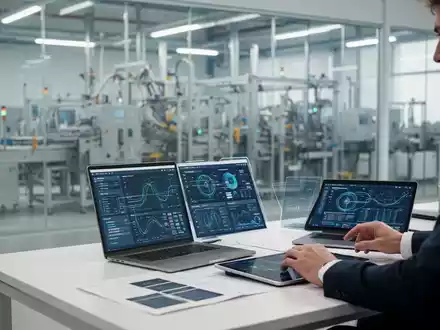 Ein Mitarbeiter arbeitet an einem Laptop in einem modernen Büro, das mit einer hochtechnologischen Fertigungshalle verbunden ist. - Foto: über boerse-global.de
