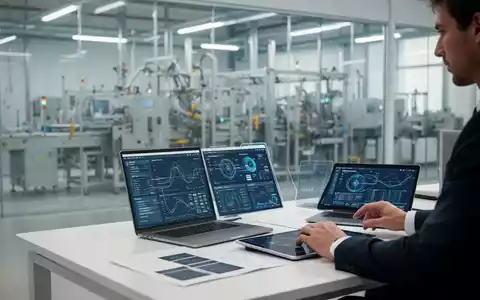 Ein Mitarbeiter arbeitet an einem Laptop in einem modernen Büro, das mit einer hochtechnologischen Fertigungshalle verbunden ist. - Foto: über boerse-global.de