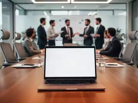 Ein moderner, heller Konferenzraum in einem Büro mit einem leeren Laptop auf einem Tisch. - Foto: über boerse-global.de