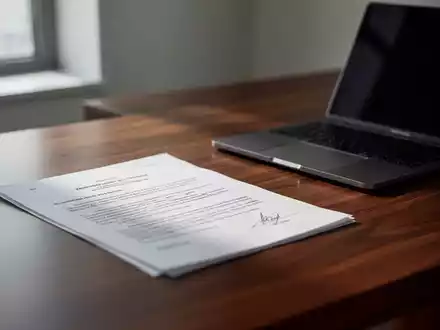 Ein minimalistischer Schreibtisch in einer Anwaltskanzlei mit einem Laptop und Dokumenten in weichem Tageslicht. - Foto: über boerse-global.de