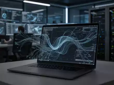 Nahaufnahme eines Laptops in einem dunklen Cybersecurity-Kontrollzentrum mit visualisierten Netzwerkdatenströmen. - Foto: über boerse-global.de