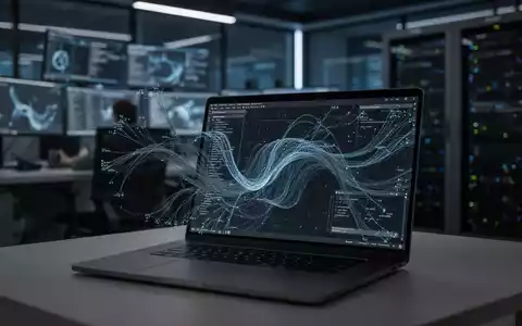 Nahaufnahme eines Laptops in einem dunklen Cybersecurity-Kontrollzentrum mit visualisierten Netzwerkdatenströmen. - Foto: über boerse-global.de