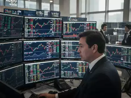 Ein Börsenhändler blickt auf Monitore mit Finanzdaten in einer modernen Handelszentrale. - Foto: über boerse-global.de