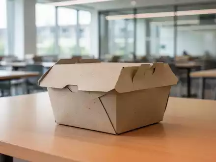 Ein umweltfreundlicher Lebensmittelbehälter aus Karton steht auf einem Holztisch in einer hellen Kantine. - Foto: über boerse-global.de