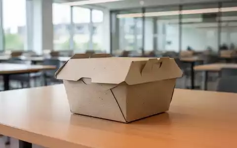 Ein umweltfreundlicher Lebensmittelbehälter aus Karton steht auf einem Holztisch in einer hellen Kantine. - Foto: über boerse-global.de