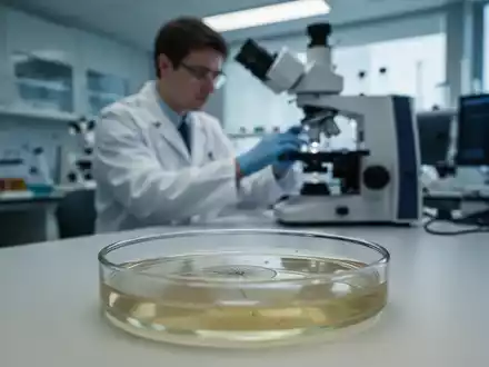 Ein Wissenschaftler arbeitet in einem modernen Labor an einem Mikroskop, während im Vordergrund eine Petrischale steht. - Foto: über boerse-global.de
