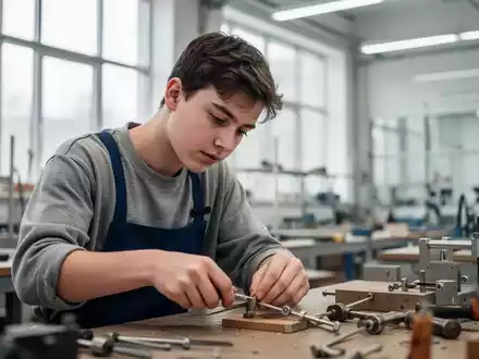 Ein Jugendlicher arbeitet konzentriert in einer modernen Werkstatt im Rahmen eines beruflichen Qualifizierungsprogramms. - Foto: über boerse-global.de