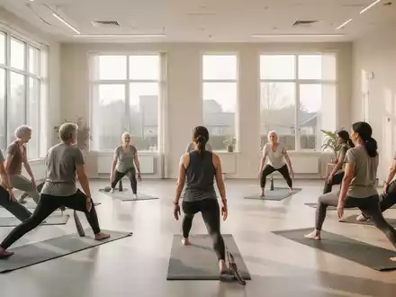 Eine diverse Gruppe von Erwachsenen beim Yoga in einem hellen Kursraum eines kommunalen Bildungszentrums. - Foto: über boerse-global.de