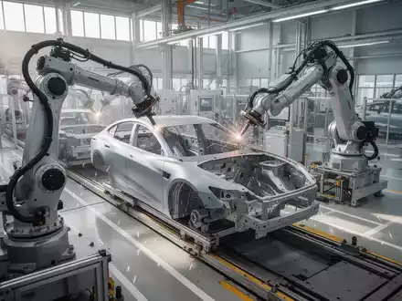 Automatisierte Fertigungsstraße in einem modernen BMW-Werk mit dem Rohbau eines Elektrofahrzeugs. - Foto: über boerse-global.de