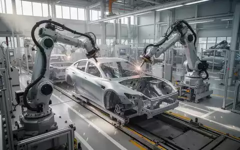 Automatisierte Fertigungsstraße in einem modernen BMW-Werk mit dem Rohbau eines Elektrofahrzeugs. - Foto: über boerse-global.de
