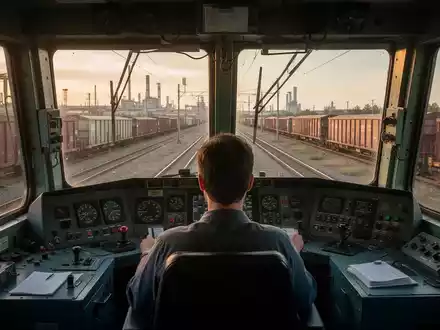 Blick aus dem Führerstand einer Güterzuglokomotive auf eine industrielle Bahnanlage bei Sonnenuntergang. - Foto: über boerse-global.de