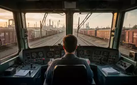 Blick aus dem Führerstand einer Güterzuglokomotive auf eine industrielle Bahnanlage bei Sonnenuntergang. - Foto: über boerse-global.de