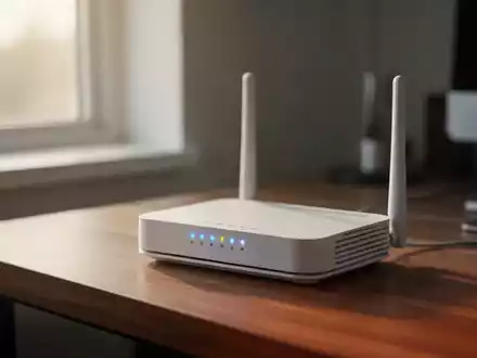 Ein moderner Router auf einem Schreibtisch in einem Homeoffice bei natürlichem Licht. - Foto: über boerse-global.de