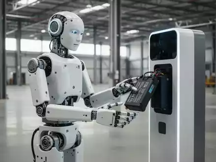 Ein humanoider Roboter wechselt in einer modernen Industriehalle selbstständig seinen Akku an einer Ladestation. - Foto: über boerse-global.de