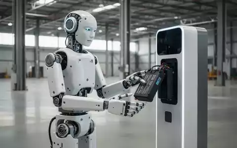 Ein humanoider Roboter wechselt in einer modernen Industriehalle selbstständig seinen Akku an einer Ladestation. - Foto: über boerse-global.de