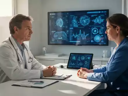 Eine Ärztin und ein Patient in einem modernen Behandlungszimmer, im Hintergrund ein Tablet mit Gesundheitsdaten. - Foto: über boerse-global.de