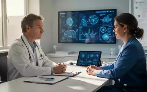 Eine Ärztin und ein Patient in einem modernen Behandlungszimmer, im Hintergrund ein Tablet mit Gesundheitsdaten. - Foto: über boerse-global.de