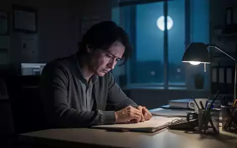 Eine müde Person arbeitet nachts in einem schwach beleuchteten Büro, während blaues Mondlicht durch das Fenster fällt. - Foto: über boerse-global.de