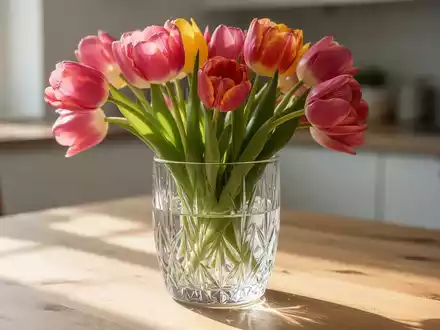 Ein Blumenstrauß in einer klaren Glasvase auf einem Holztisch bei natürlichem Tageslicht. - Foto: über boerse-global.de