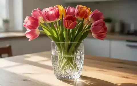 Ein Blumenstrauß in einer klaren Glasvase auf einem Holztisch bei natürlichem Tageslicht. - Foto: über boerse-global.de