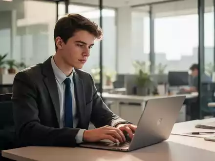 Ein junger Erwachsener in moderner Bürokleidung arbeitet konzentriert an einem Laptop in einem hellen, zeitgemäßen Büro. - Foto: über boerse-global.de