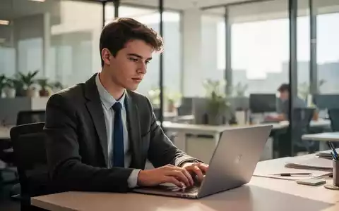 Ein junger Erwachsener in moderner Bürokleidung arbeitet konzentriert an einem Laptop in einem hellen, zeitgemäßen Büro. - Foto: über boerse-global.de