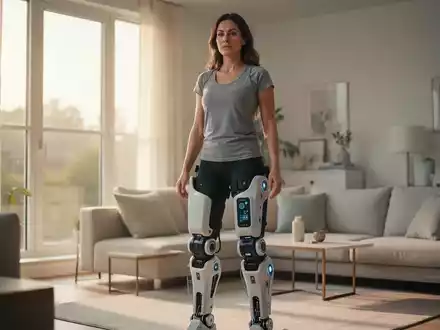 Eine Frau in einem hellen Wohnzimmer trägt ein leichtes, motorisiertes Exoskelett zur Unterstützung ihrer Mobilität. - Foto: über boerse-global.de