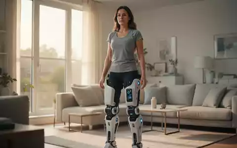 Eine Frau in einem hellen Wohnzimmer trägt ein leichtes, motorisiertes Exoskelett zur Unterstützung ihrer Mobilität. - Foto: über boerse-global.de