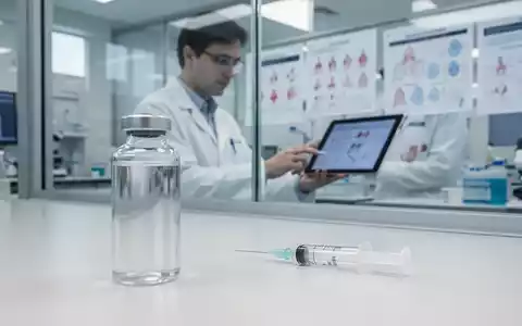 Ein medizinisches Labor mit einer Spritze und einer Ampulle im Vordergrund, während im Hintergrund ein Forscher Daten prüft. - Foto: über boerse-global.de