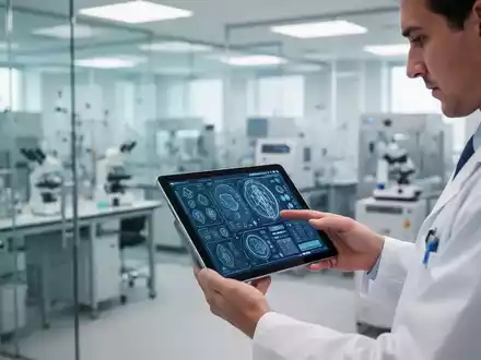 Eine medizinische Fachkraft in einem modernen Labor nutzt ein digitales Tablet zur Arbeit mit KI-gestützten Daten. - Foto: über boerse-global.de