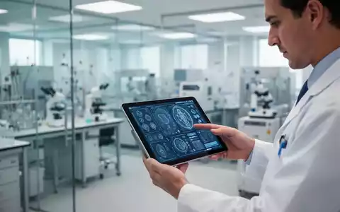 Eine medizinische Fachkraft in einem modernen Labor nutzt ein digitales Tablet zur Arbeit mit KI-gestützten Daten. - Foto: über boerse-global.de